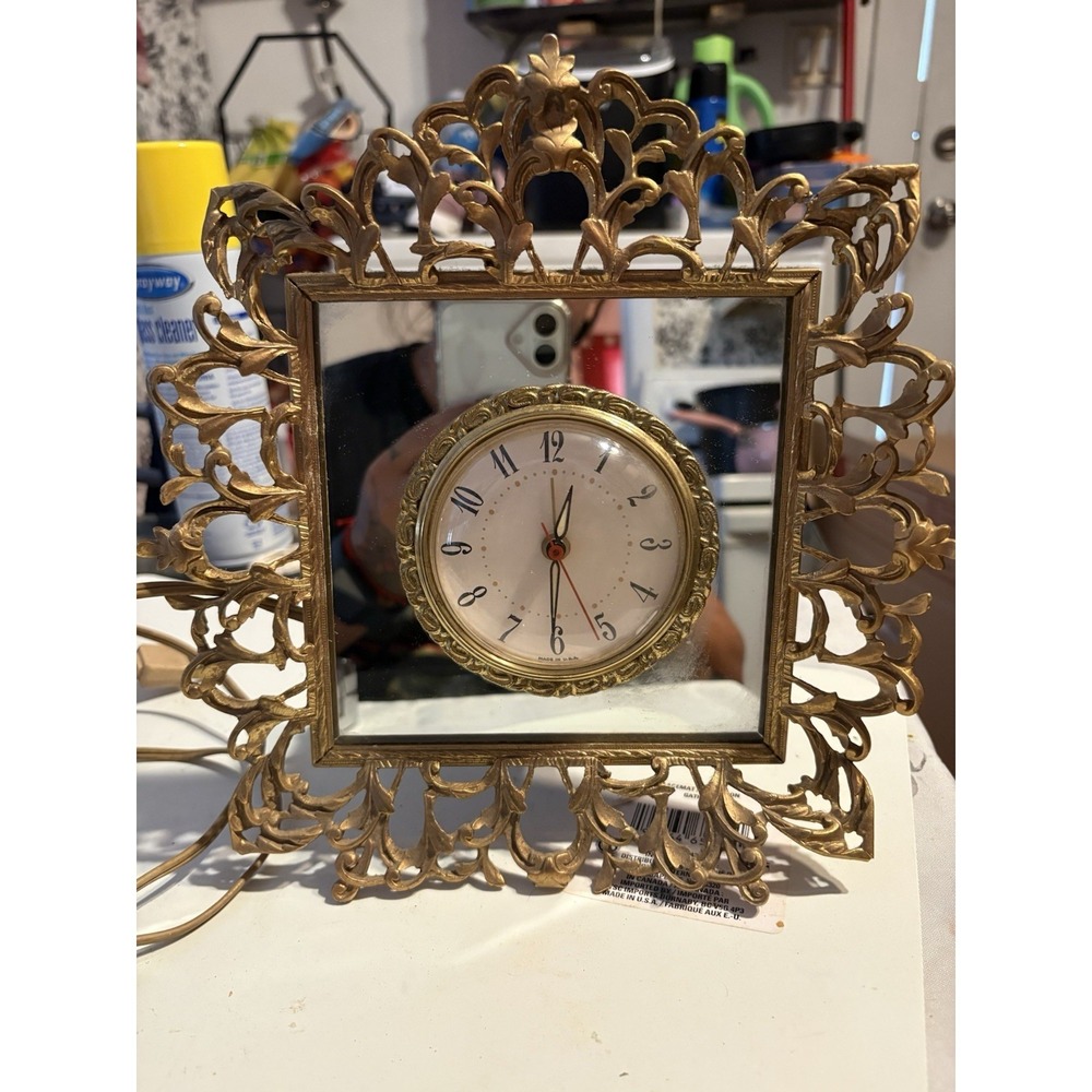 Vintage Hollywood Regency Gold Ornate Mirror Clock Electric Alarm WORKING USA
